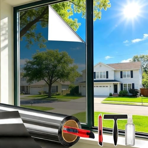 Dwersty One Way Daytime Window Privacy Film See Out Not in, Window Tint for Home, Reflective Mirror Glass Windows Coverings Sun Heat UV Blocking, Black-Silver, 17.5" X 78.7"