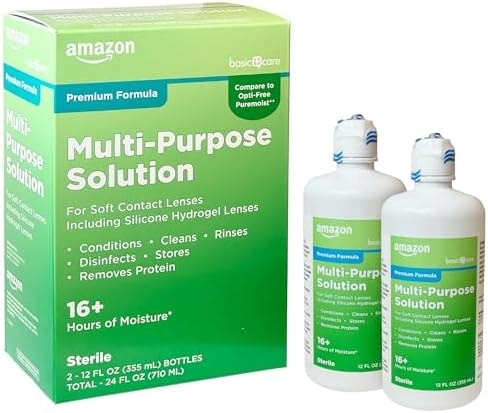 Amazon Basic Care Multi-Purpose Contacts Solution - Premium Formula, Cleans, Disinfects, Removes Protein, for Silicone Hydrogel Lenses, 12 fl oz (Pack of 2)