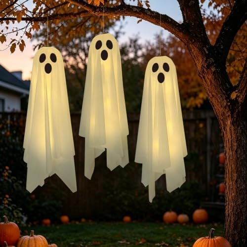 DAZONGE Halloween Decor 3Pack Light Up Halloween Hanging Ghosts Decorations