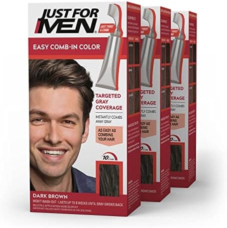 Just For Men Easy Comb-In Color Mens Hair Dye, Easy No Mix Application with Comb Applicator - Dark Brown, A-45, Pack of 3