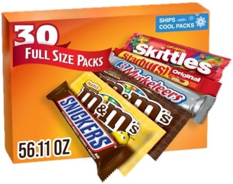 M&M'S, SNICKERS, 3 MUSKETEERS, SKITTLES & STARBURST Variety Pack Full Size Bulk Candy Assortment, 56.11 oz, 30 Bars
