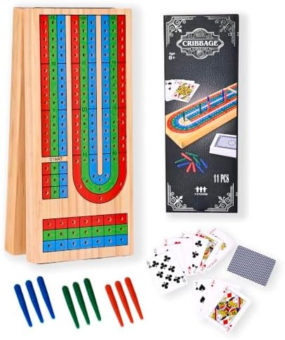Elbow Room Games Cribbage Set, Folding Wooden Board with 9 Colored Pegs and Poker Playing Cards, Portable Travel Design, Classic Strategy Game for 2-3 Players