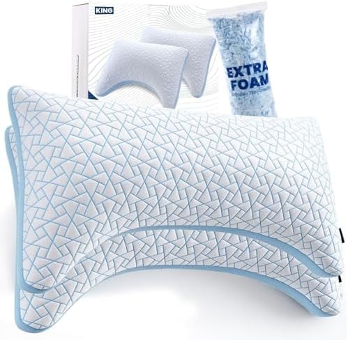 A-Pce Adjustable Pillow, King Size Set of 2 Bed Pillows for Sleeping, Luxury Shredded Memory Foam Pillows, Cooling Pillow for Side, Back, Stomach Sleepers, Firm Pillow for Hot Sleepers Neck Support