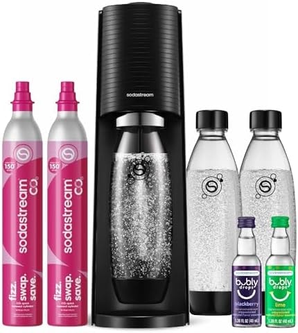 SodaStream TERRA Sparkling Water Maker, Value Bundle, CQC CO2 System, Includes 2 Quick Connect 60L CO2 Cylinders, 3 Dishwasher Safe BPA Free Bottles, 2 bubly Flavor Drops, Make your own Pepsi, Black