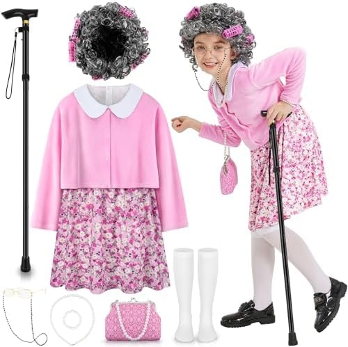 10 Pcs 100 Days of School Costume for Girls Old Lady Granny Costume Kids