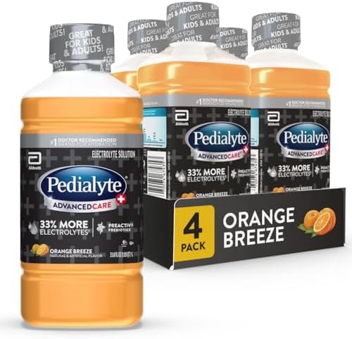 Pedialyte AdvancedCare Plus Electrolyte Hydration Drink, Has 33% More Electrolytes and Has PreActiv Prebiotics, Orange Breeze, 1 Liter, Pack of 4