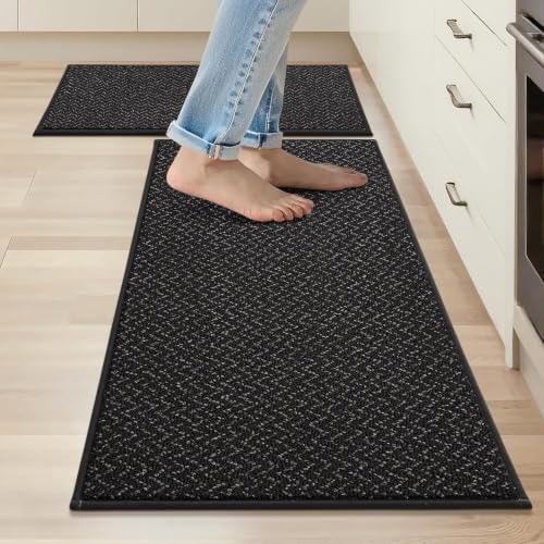 COSY HOMEER Kitchen Rugs Set of 2 Non-Slip Washable Kitchen Floor Mat Black