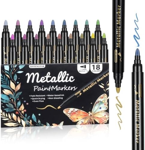 QUEENBANG 18 Colors Extra-Fine Glitter Acrylic Paint Pens, Metallic Markers for Rock Wood Glass Ceramic Fabric Crafts
