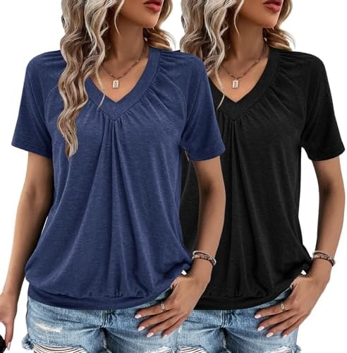 2 Pack Summer Tops for Women V Neck Short Sleeve Casual Ruched Tops Women T Shirts Clothes Trendy 2026