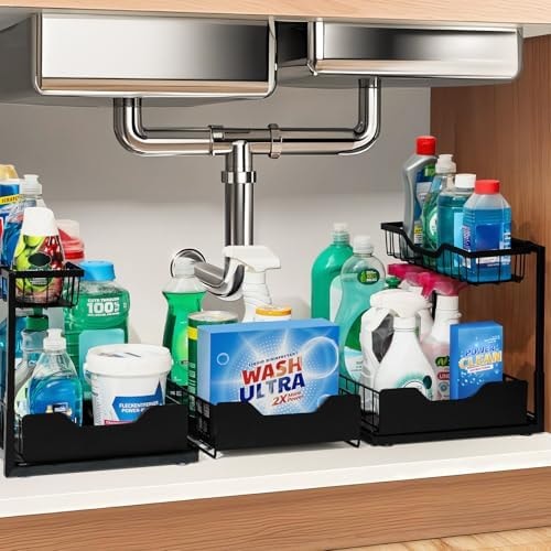 Snuvid 3 Pack, Under Sink Organizer 2-Tier with Slide Out Lower Drawer - Metal Pull Out Cabinet Organizer for Kitchen Bathroom, Includes Removable Center Basket & Storage Shelves, Space Saving Design