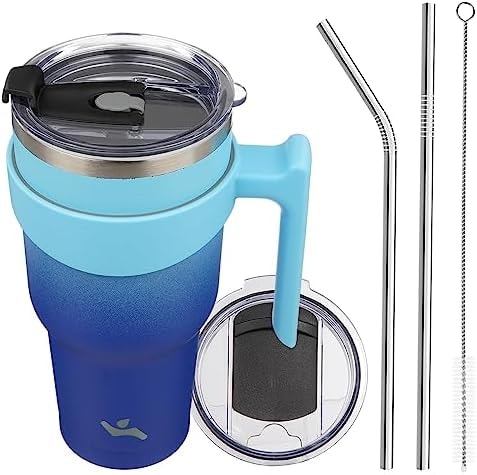 Konokyo 40 oz Tumbler with Handle and 2 Straw 2 Lid, Insulated Water Bottle Stainless Steel Vacuum Cup Reusable Travel Mug,Sky