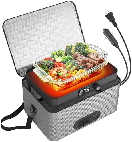 Portable Oven, 12V 24V 110V-240V Car Food Warmer Portable Personal Mini Oven Electric Heated Lunch Box for Meals Reheating & Raw Food Cooking for Road Trip/Camping/Picnic/Family Gathering(Gray)