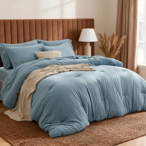 Bedsure Dusty Blue King Comforter Set Soft Prewashed Bedding 7 Pieces