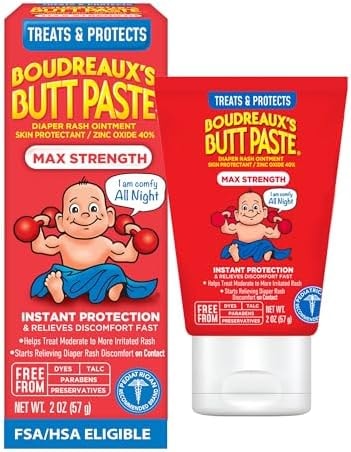 Boudreaux’s Butt Paste Max Strength Diaper Rash Cream for Baby, Ointment With Zinc Oxide, 2 oz Tube