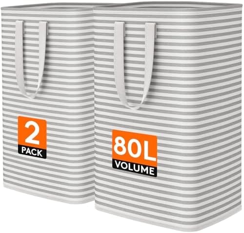 Lifewit 2 Pack Laundry Basket 80L Each, Collapsible Clothes Hamper with Reinforced Handles, Freestanding Waterproof Design for Bedroom and Laundry Room, Grey 160L Total