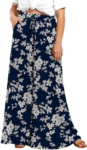 Lastshe Plus Size Pants for Women Wide Leg High Waisted Flowy Casual Palazzo Pants Boho Summer Beach Trousers, Blue White Floral, 3X