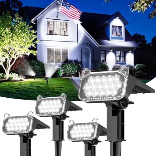 TuyLuxe Solar Spot Lights Outdoor Waterproof IP65, Super Bright LEDs with Lens, 6500K 2 Lighting Modes, 2 in 1 Auto On/Off Solar Powered Spotlights for Yard Flag Landscape Tree, 4 Pack, Cool White