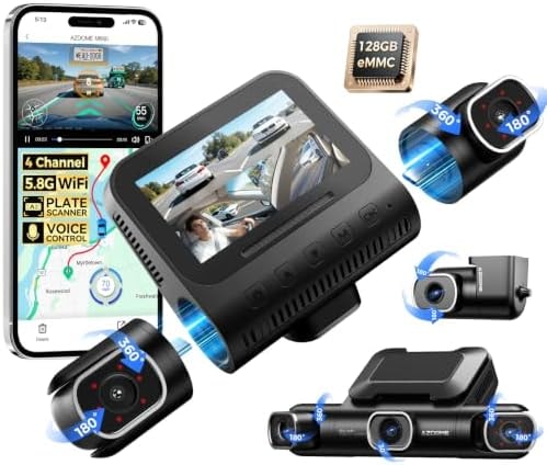 AZDOME 360° 4 Channel Dash Cam Front and Rear Inside, Built-in 128GB eMMC, 2K+1080P*3 Dashcam, Left Right, Voice Control, 5G WiFi Dash Camera for Cars with 4 Adjustable Lenses, IR Night Vision, M660