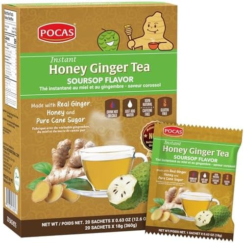 Pocas Honey Ginger Instant Tea Powder, Soursop Flavor, Real Ginger Extract & Sweetener, Caffeine-Free Tea, 20 Packets