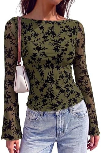 KIRUNDO Floral Fall Tops For Women 2026 Dressy Y2k Boat Neck Mesh Top