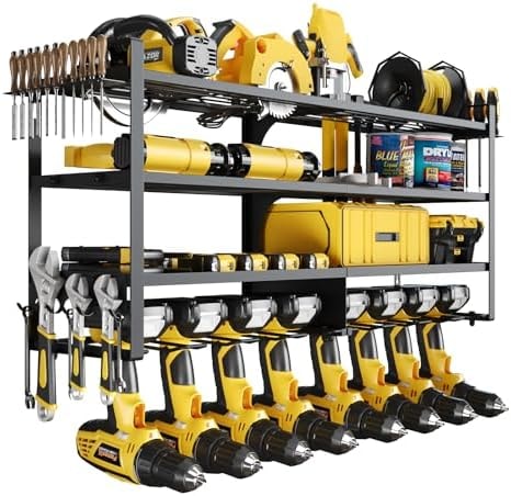 MAKE CHANGES Wall Mount Power Tool Organizer, 4-Tier Metal Tool Storage Rack Loads 300 lbs with 8 Cordless Drill Holder, Utility Rack for Garage, Workshop & Basement, Black