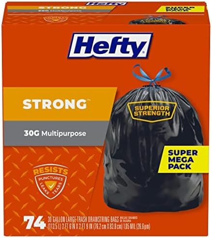 Hefty Strong Large Trash Bags, Black, 30 Gallon, 74 Count