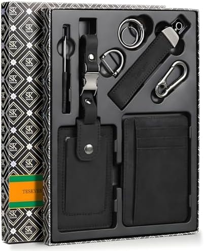 Teskyer Genuine Leather Gift Set for Men, Wallet, Luggage Tag & Keychain