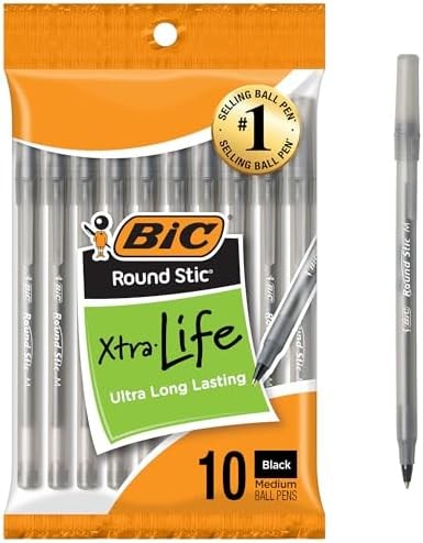 BIC Round Stic Black Ballpoint Pens, Medium Point, 1.0mm, 10-Count
