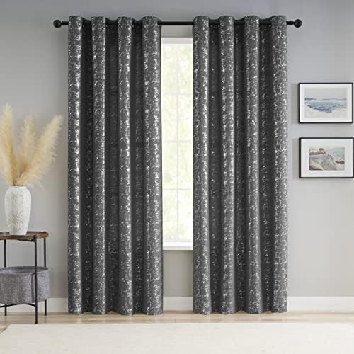 Taisier Home Silver Foil Print Linen Textured Curtains - Geometric Dots Pattern Design for Bedroom & Living Room - Thermal Insulated Window Treatment, 2 Panels, 108" L, Dark Grey and Silver
