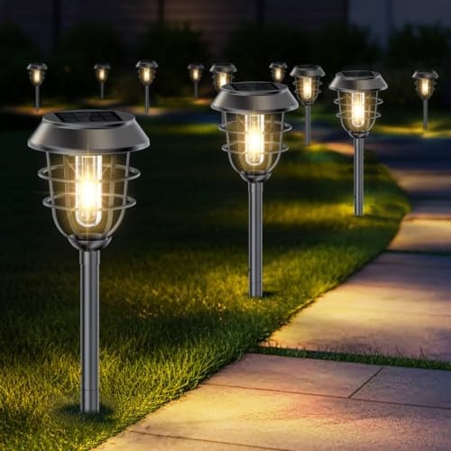 Bright Solar Lights Outdoor, Metal Solar Pathway Lights Outdoor IP65 Waterproof 6 Pack Solar Garden Lights with Auto On Off for Yard, Patio, Walkway, Driveway and Landscape Decoration,Warm White