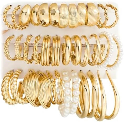 Gold Hoop Earrings Set for Women, 18 Pairs Chunky Statement & Huggie Hoops