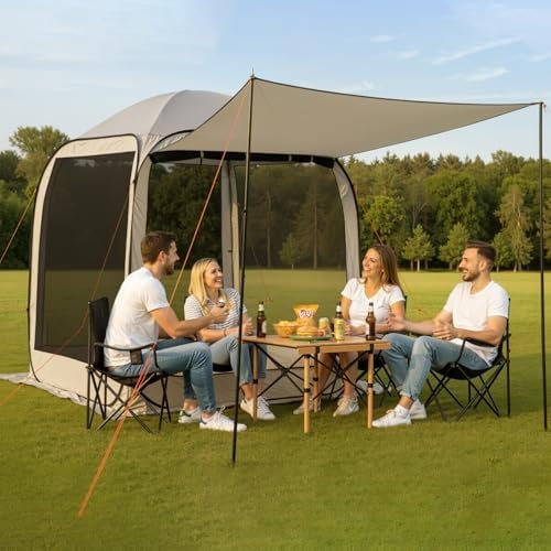 VEVOR Pop Up Screen House Tent, 6 x 6 ft, 4-6 Person Screen Gazebo with Extended Awning, Portable Screened in Canopy with Carry Bag, Netting Sides, for Patio, Backyard, and Outdoor Activities, Beige
