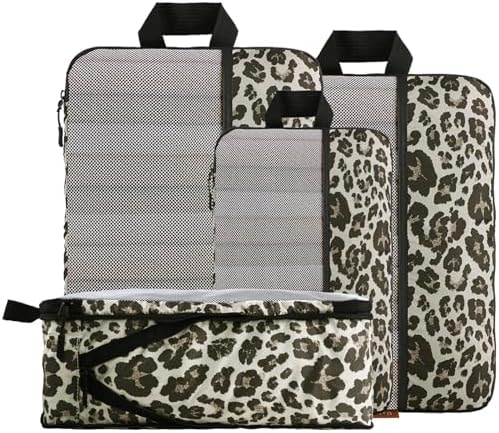 U+U 4 Set Compression Packing Cubes, Travel Organizers (Leopard)