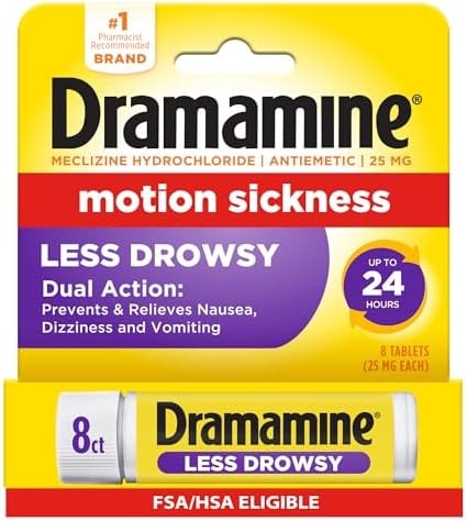 Dramamine Motion Sickness Less Drowsy, Travel Vial, Multicolor, 8 Count