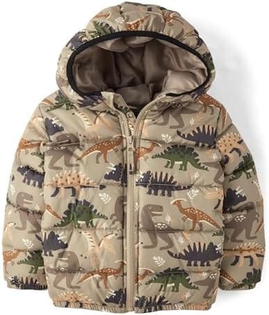 The Children's Place,Baby Boys,and Toddler Boys' Medium Weight Wind-Resistant, Water-Resistant Puffer Jacket,Chinchilla Dinos,3 Years