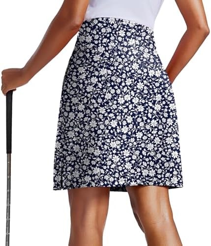PINSPARK 20" Skorts for Women 3 Pockets High Waist Long Athletic Golf Skort Tennis Skirt for Casual Summer Travel,Navy White Floral Medium