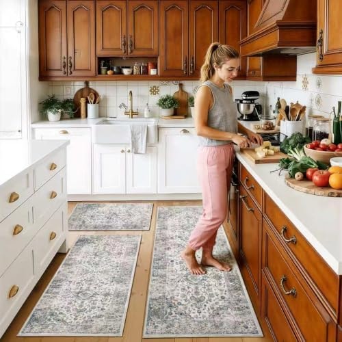 UKISS 3Pcs Washable Kitchen Rugs, Non Slip Faux Wool Kitchen Mats for Floor, Boho Floral Vintage Kitchen Floor Mat Carpet Runner Rugs Set for Hallway, Laundry Room, Entryway Gray