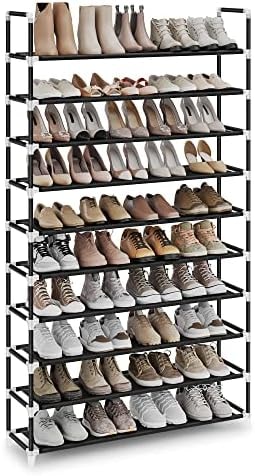 SONGMICS Shoe Rack, 10-Tier Shoe Shelf, Shoe Storage Organizer, 11.4 x 39.4 x 68.9 Inches, Metal Frame, Non-Woven Fabric Shelves, for Entryway, Bedroom, Black ULSH11H