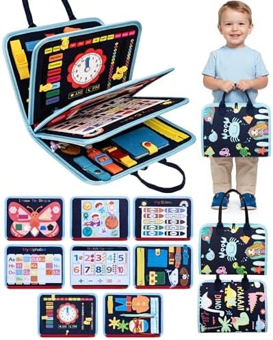 LADFAR Montessori Busy Book, 8-Page Sensory Activity Toy, Blue