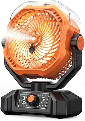 Portable Camping Fan, Misting Desk Fan with Remote, 360ML Water Tank, 16000mAh, 5 Speeds, Timer, 18-70 Working Hours, Battery Operated Fan for RV Camp Hurricane Emergency Orange