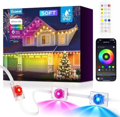 Ecoeve Permanent Outdoor Lights for House,50ft RGB+IC Lights with 16 Million Colors & 50 Scene Modes, App/Remote Control, IP67 Waterproof, DIY Music Sync, for Christmas, Holiday & Party Decor