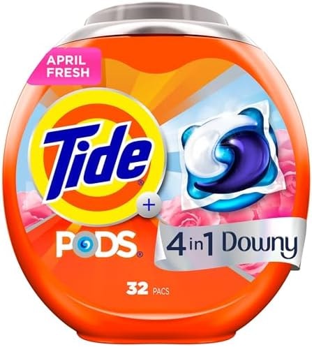 Tide PODS Laundry Detergent Soap with Downy 4-in-1 Stain Remover Freshness Softness Detergent pacs, April Fresh Scent, 32 Count