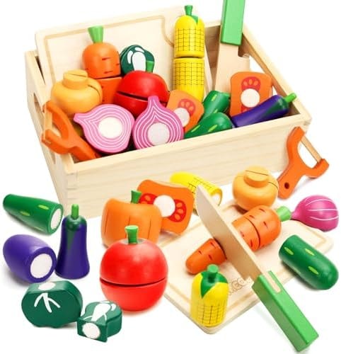 Wooden Play Food Set for Toddlers Toys Pretend Play Kitchen Accessories Veggies Cutting Set for Kids Gift for Boys Girls Montessori Educational Toys