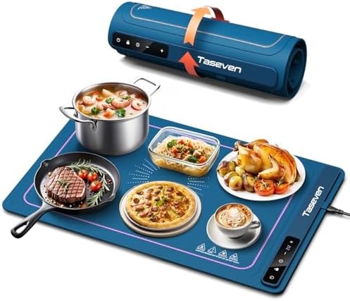 TASEVEN Food Warming Mat,7 Temp,4H Timer,Thermochromic Line,Kids Lock,Blue