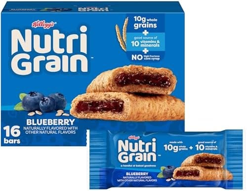 Nutri-Grain Breakfast Bars, Made with 10g Whole Grains, Kids Snacks, Blueberry, 20.8oz Box (16 Bars)