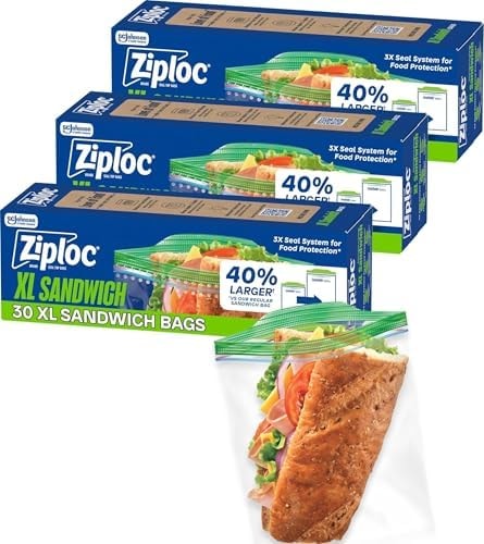 Ziploc XL Sandwich Bags, Food Storage, 90 Count (30 Count, 3-Pack)