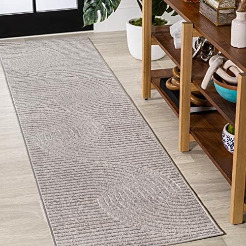 JONATHAN Y Hallie High-Low Curve Gray/Ivory Indoor/Outdoor Runner Rug, 2x10, Minimalist, Pet Friendly, Non-Shedding, Stain Resistant, Hose-Washable for Backyard, Patio, Porch (SCN100A-210)
