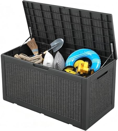 NUNU LAB 100 Gallon Resin Deck Box, Heavy Duty Waterproof Outdoor Storage Box with Gas Lift, Lockable Large Patio Storage Bin for Cushions, Garden Tools, Pool Supplies, Dark Black