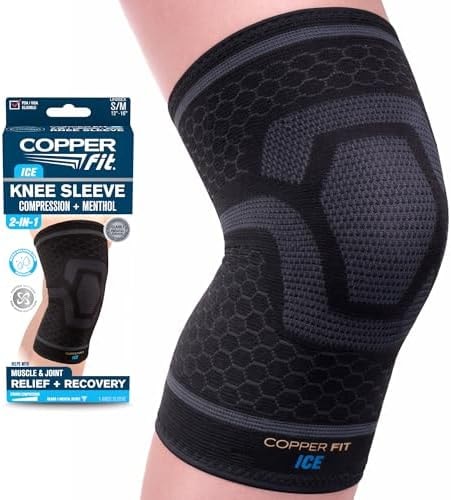 Copper Fit Unisex Adult ICE Sleeve, L/XL Knit Compression Knee Sleeve Infused with Menthol and CoQ10 for Maximum Recovery, Black, Large/X-Large US