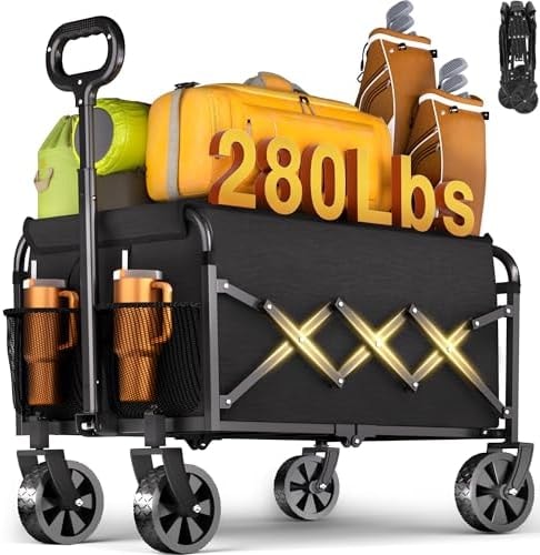 Wagons Carts Foldable - 280Lbs Collapsible Wagon Cart with Wheels Portable - Folding Wagon Lightweight for Camping, Sports, Travel, Picnic, Groceries, Shopping